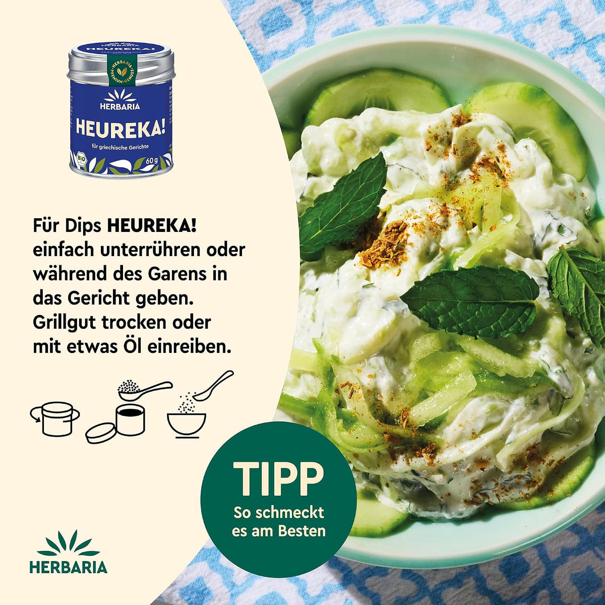 Schale mit Tsatsiki und Minze, daneben Herbaria Heureka Dose und Anwendungstipps für die Gewürzmischung.