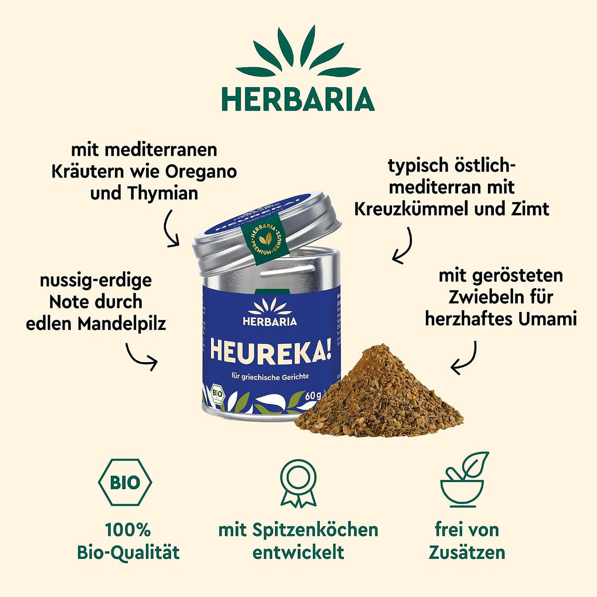 Herbaria Heureka Dose geöffnet, daneben ein Gewürzhaufen, umgeben von Zutatenhinweisen und Produktmerkmalen.