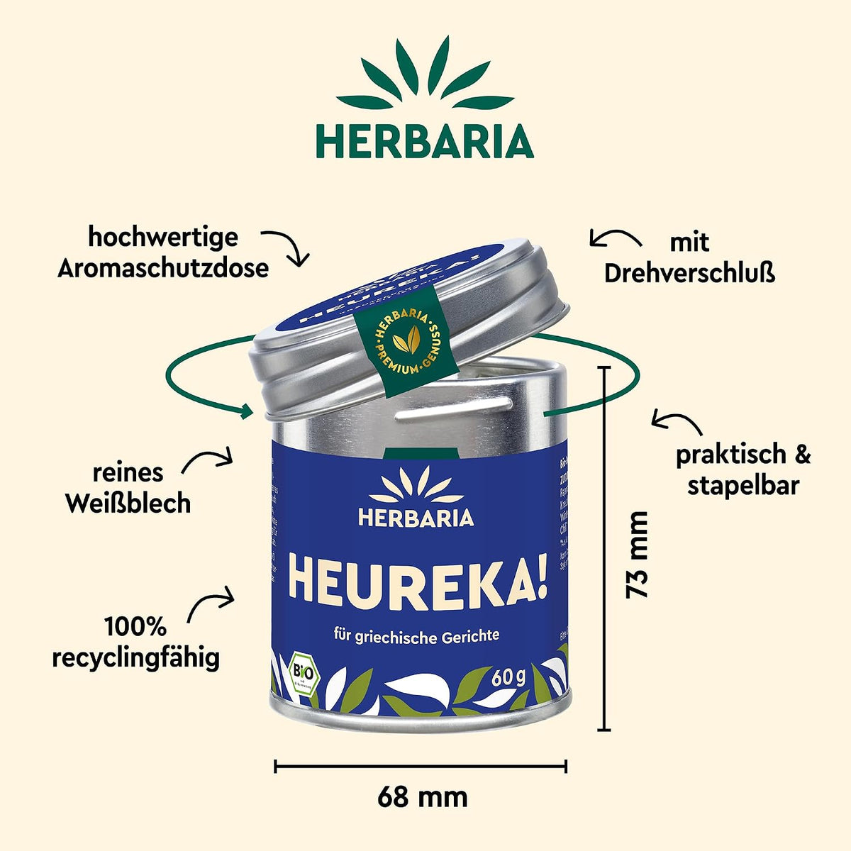 Herbaria Heureka Dose mit geöffnetem Deckel, Maßangaben und Hinweisen zu Material und Recyclingfähigkeit.