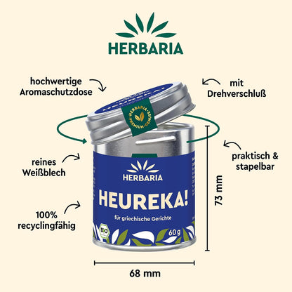 Herbaria Heureka Dose mit geöffnetem Deckel, Maßangaben und Hinweisen zu Material und Recyclingfähigkeit.