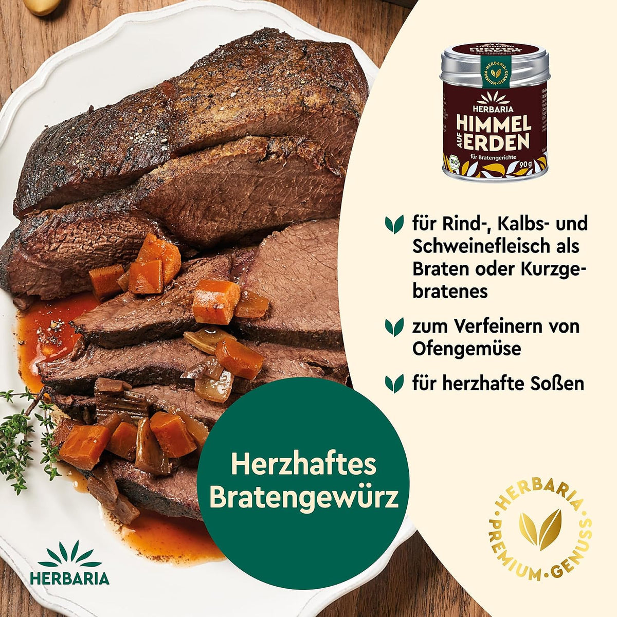 Aufgeschnittenes Rindfleisch mit Bratensoße und Gemüse auf einem Teller, daneben die Herbaria Himmel auf Erden Dose als fertiges Gewürzsalz für Braten.