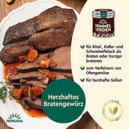 Aufgeschnittenes Rindfleisch mit Bratensoße und Gemüse auf einem Teller, daneben die Herbaria Himmel auf Erden Dose als fertiges Gewürzsalz für Braten.
