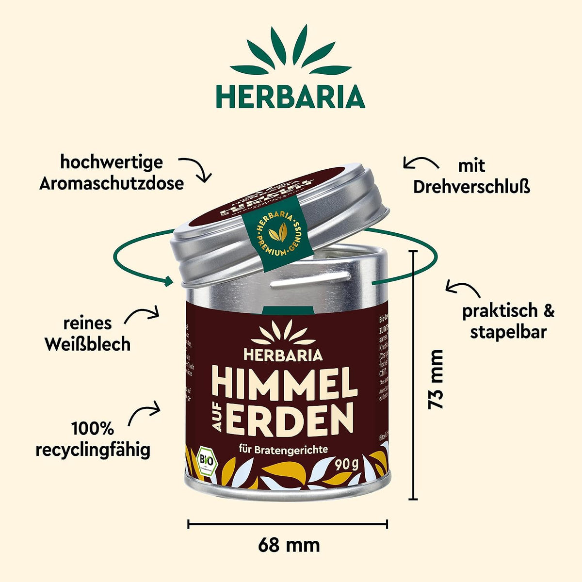 Herbaria Himmel auf Erden Dose mit geöffnetem Deckel, Maßangaben und Hinweisen auf nachhaltigen Aromaschutz und Recyclingfähigkeit.