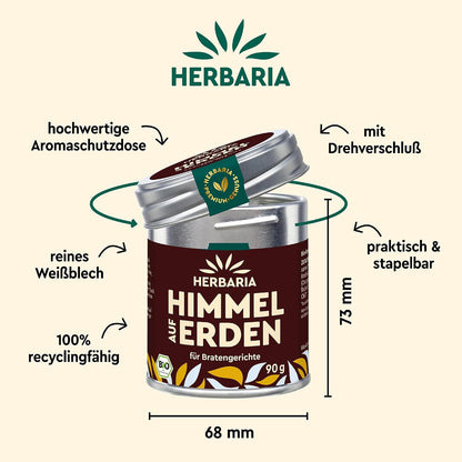 Herbaria Himmel auf Erden Dose mit geöffnetem Deckel, Maßangaben und Hinweisen auf nachhaltigen Aromaschutz und Recyclingfähigkeit.