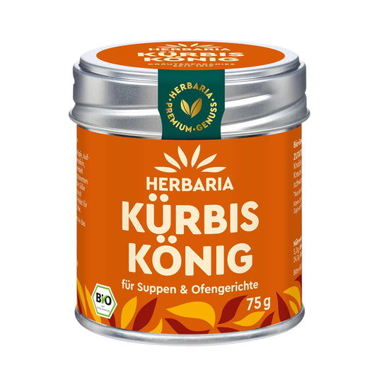 Herbaria Kürbiskönig Gewürz in orangefarbener Dose mit silbernem Deckel, 75 g, Vorderseite mit Produktname und Bio-Siegel.