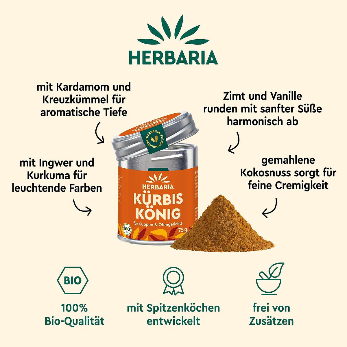Herbaria Kürbiskönig Dose mit aufgeschüttetem Gewürzpulver, umgeben von Zutatenhinweisen und Produktmerkmalen.