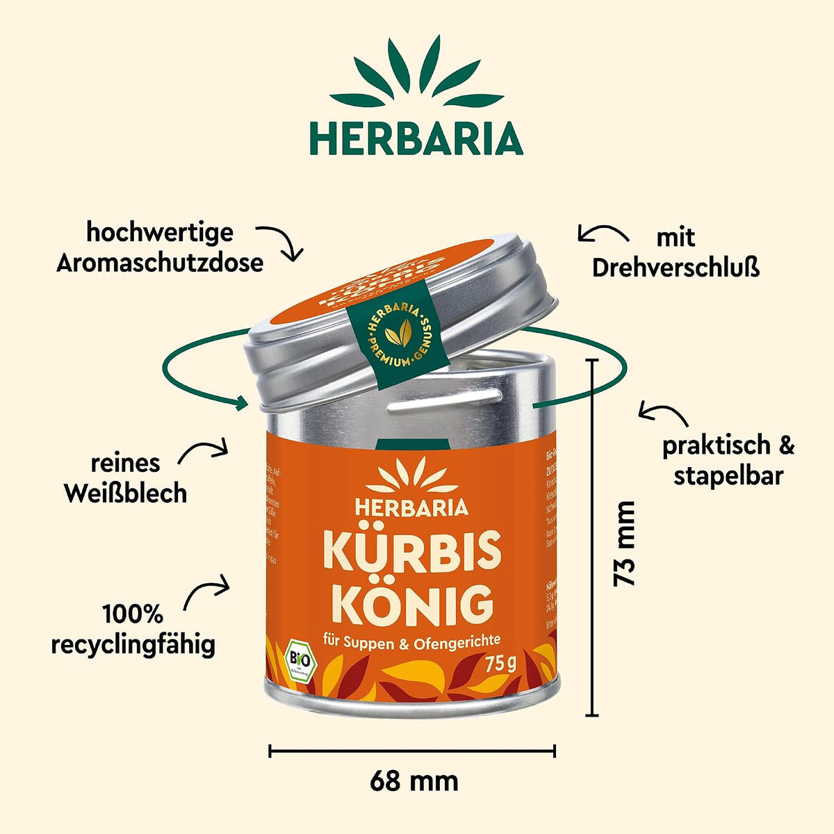 Herbaria Kürbiskönig Dose mit Maßangaben, Recycling- und Verpackungshinweisen auf hellem Hintergrund.