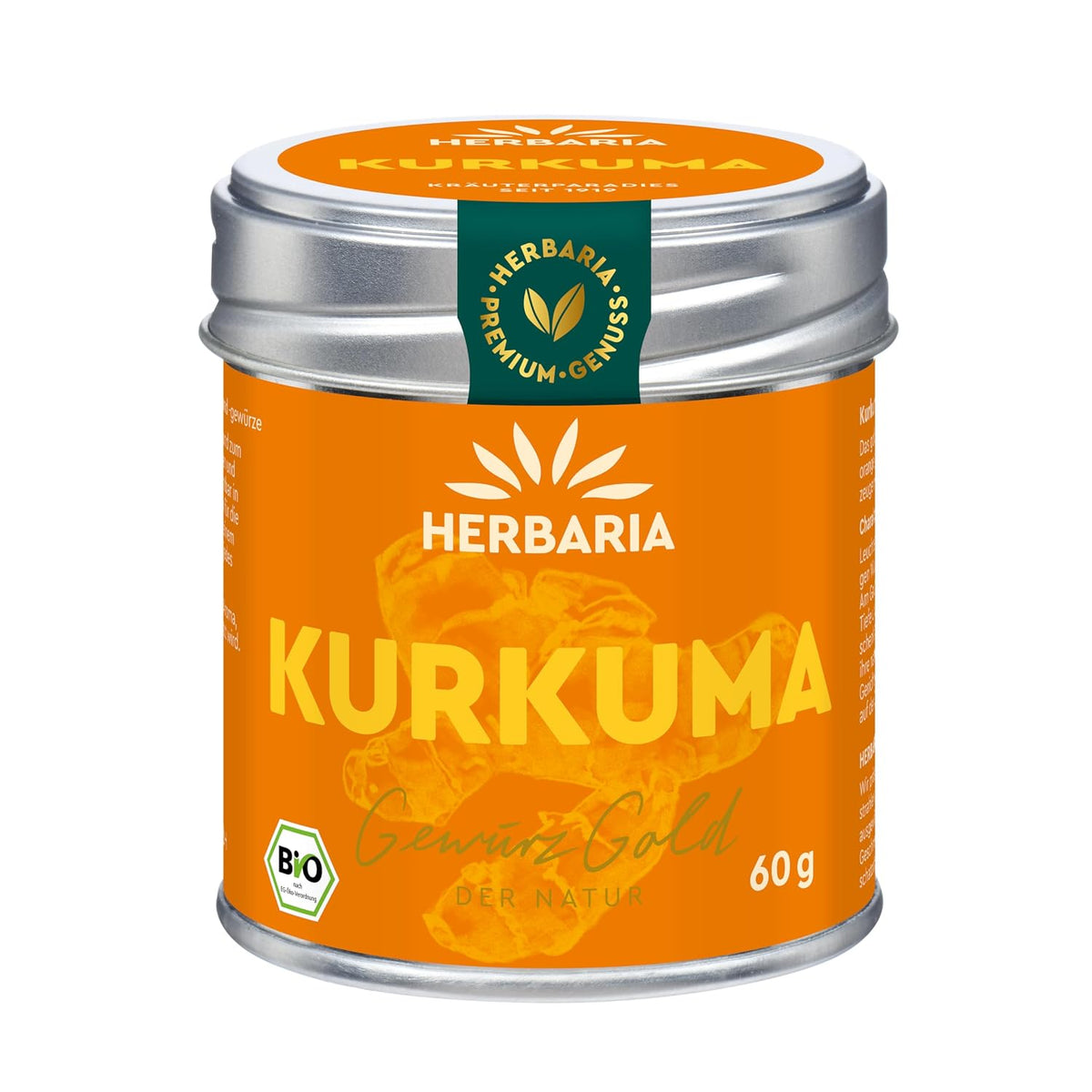 Herbaria Kurkuma Gewürz in orangefarbener Aromaschutzdose mit silbernem Deckel und Bio-Siegel, Vorderseite der Verpackung sichtbar.