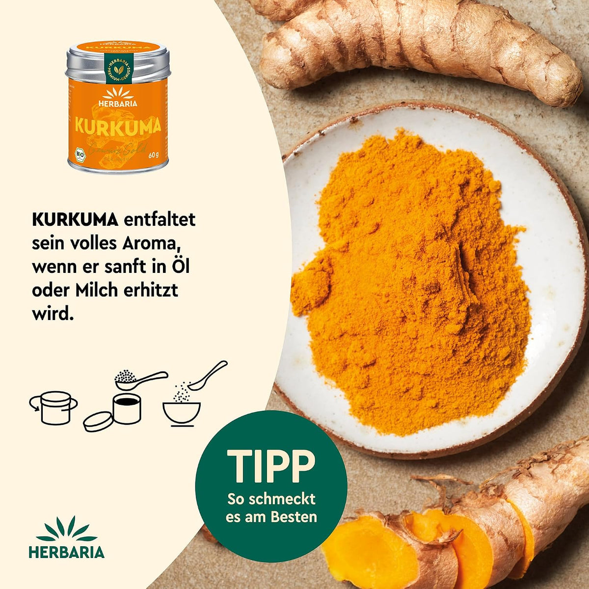 Teller mit fein gemahlenem Kurkuma-Gewürz und frischer Kurkuma-Wurzel, daneben Anwendungstipp für Herbaria Kurkuma.