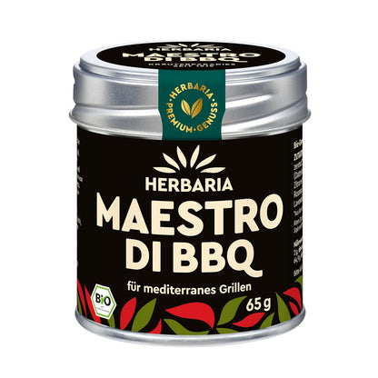 Herbaria Maestro di BBQ Gewürzmischung in schwarzer Dose mit silbernem Deckel und mediterranem Design, 65 g