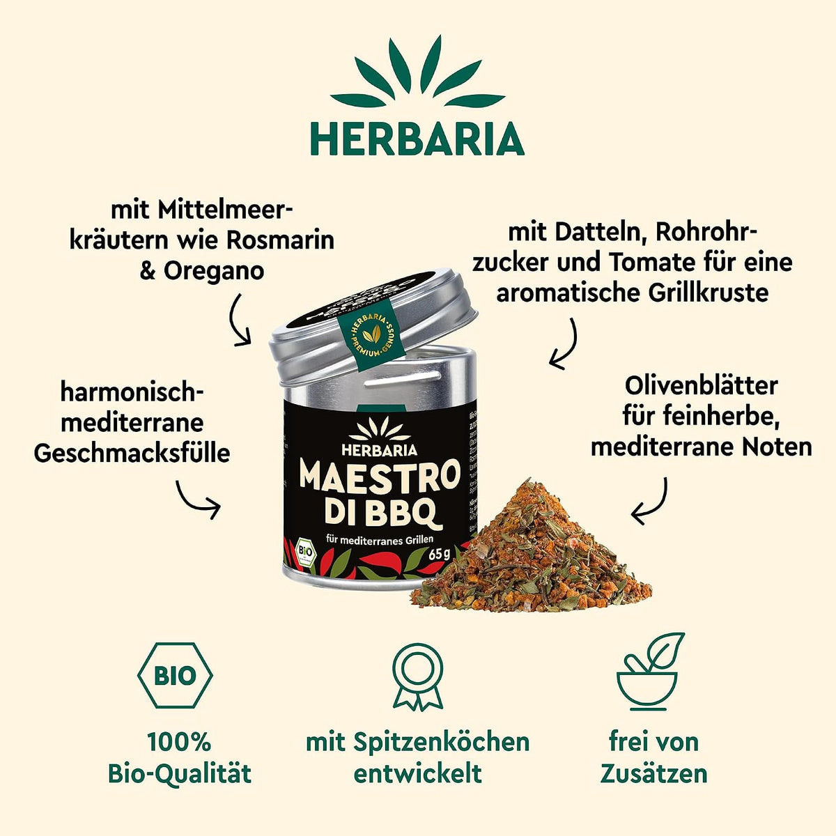 Herbaria Maestro di BBQ Dose mit mediterraner Gewürzmischung daneben, Zutaten und Eigenschaften grafisch hervorgehoben