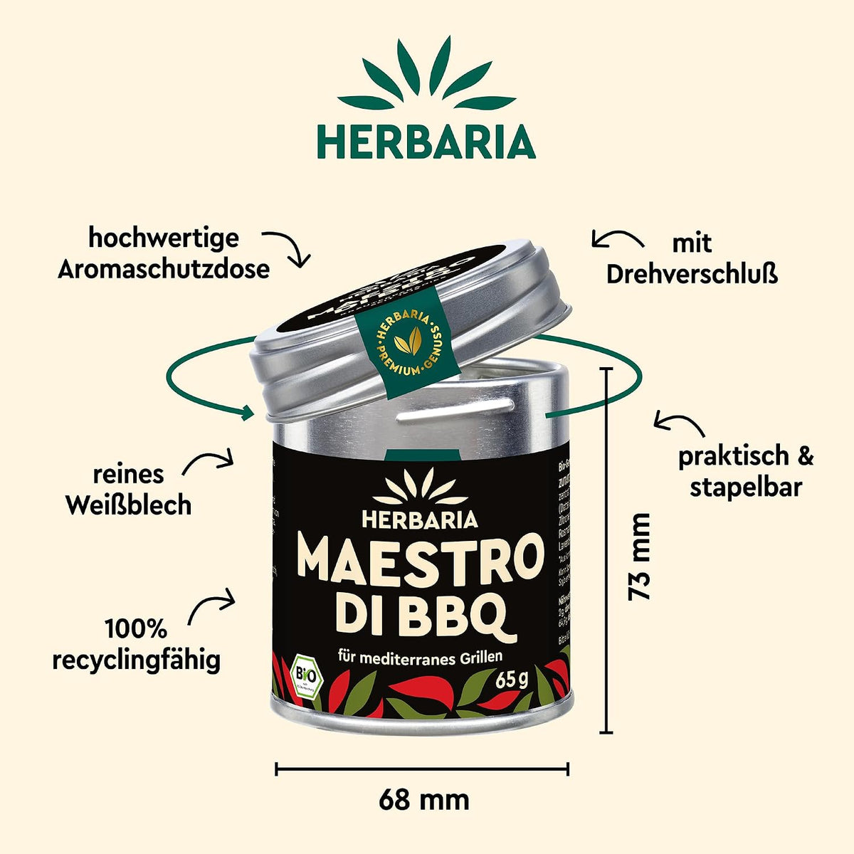 Herbaria Maestro di BBQ Dose mit Maßangaben, Drehverschluss und Hinweisen zu Material und Recyclingfähigkeit