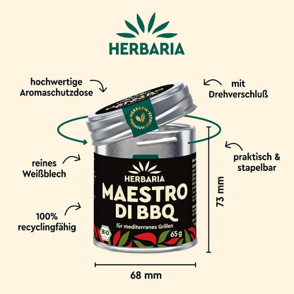 Herbaria Maestro di BBQ Dose mit Maßangaben, Drehverschluss und Hinweisen zu Material und Recyclingfähigkeit
