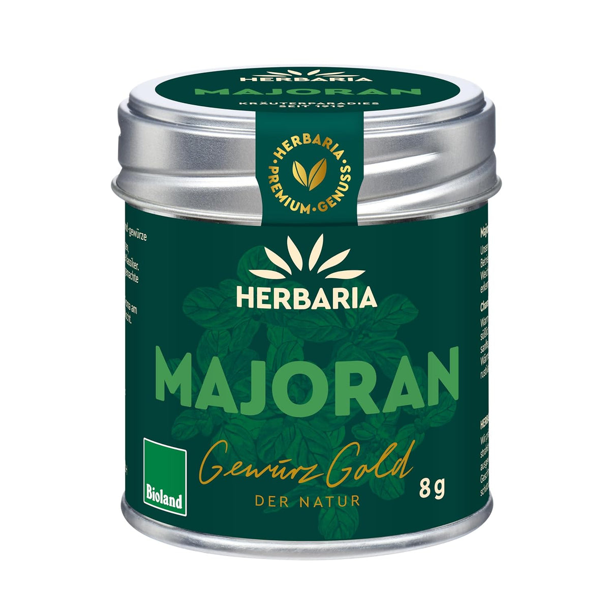 Herbaria Majoran Gewürz in grüner Aromaschutzdose mit silbernem Deckel, 8g Inhalt, Vorderseite mit Produktname und Bioland-Logo.