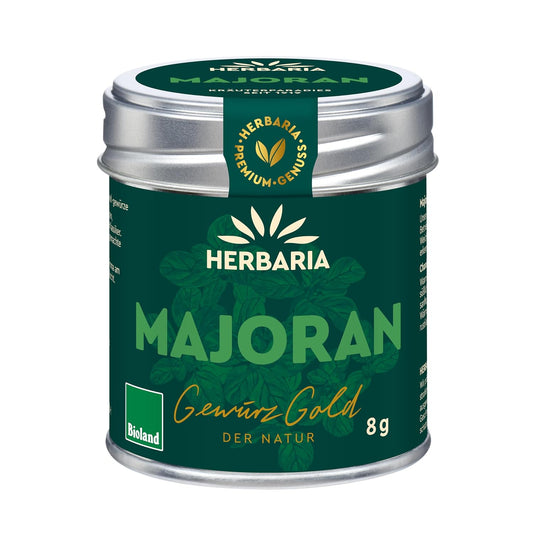 Herbaria Majoran Gewürz in grüner Aromaschutzdose mit silbernem Deckel, 8g Inhalt, Vorderseite mit Produktname und Bioland-Logo.