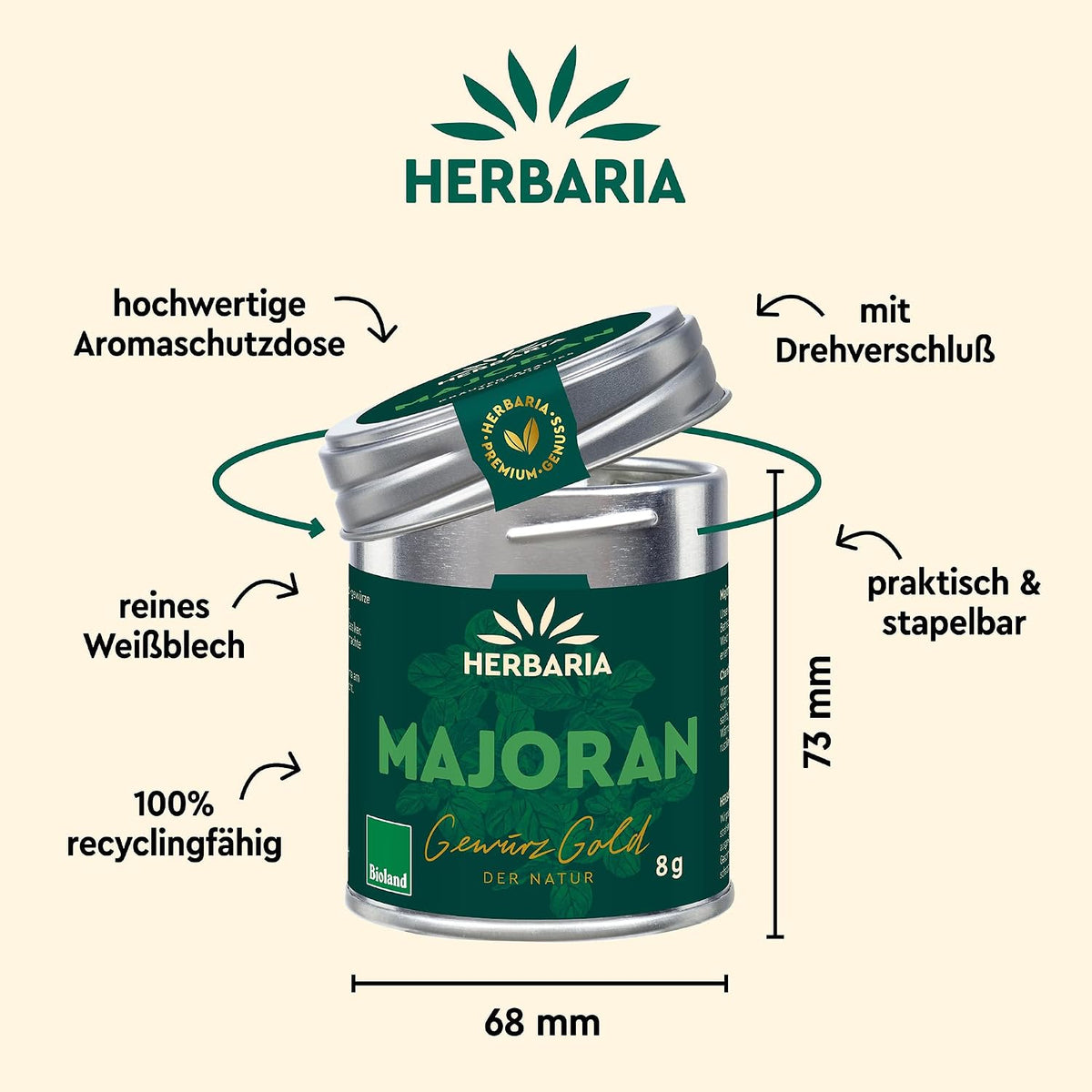 Herbaria Majoran Gewürzdose mit geöffnetem Deckel, Maßangaben und Hinweisen zu Material und Recyclingfähigkeit.