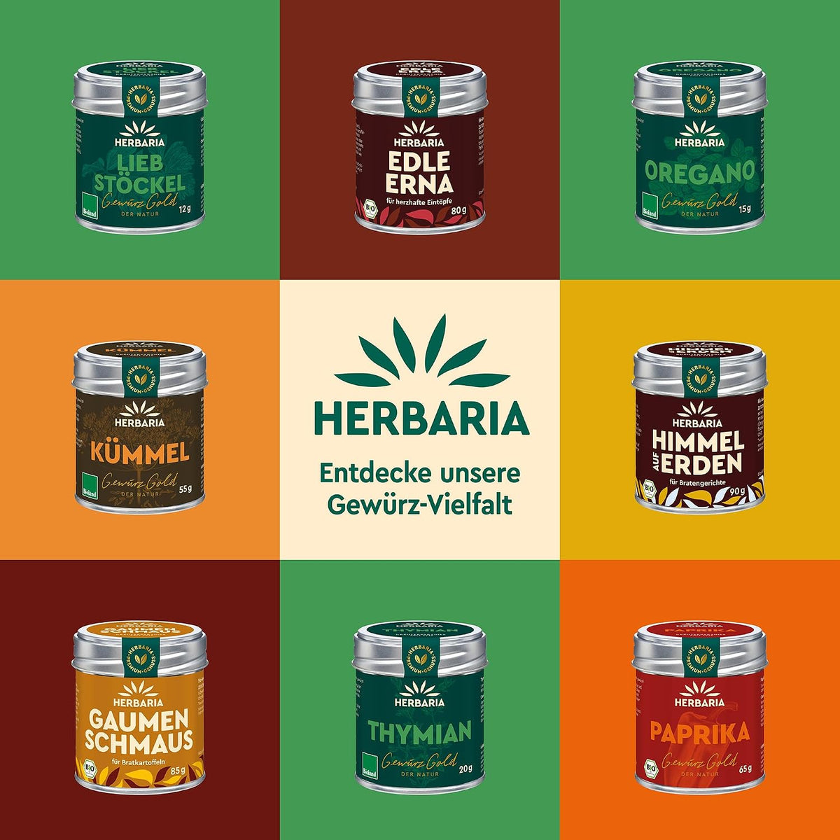 Verschiedene Herbaria Gewürzdosen, darunter Majoran, Thymian, Oregano und Paprika, auf buntem Hintergrund angeordnet.