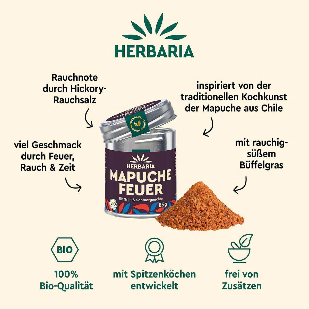 Herbaria Mapuche-Feuer Dose mit geöffneter Kappe und daneben ausgestreute Gewürzmischung, umgeben von Infos zu Zutaten und Eigenschaften der Mischung.