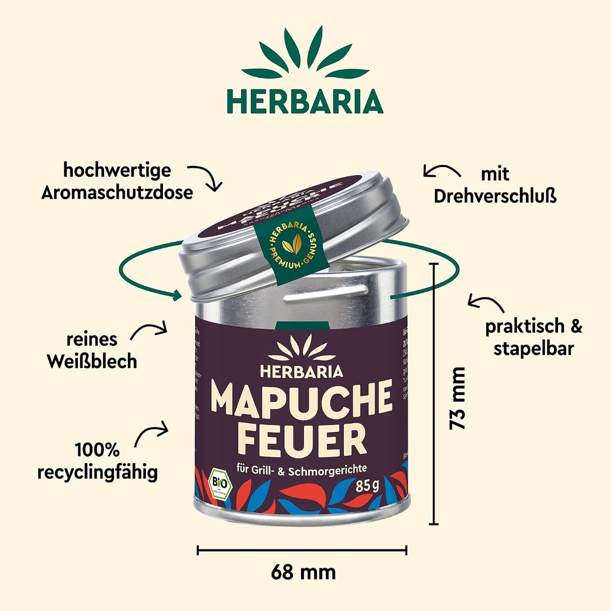 Herbaria Mapuche-Feuer Dose mit geöffnetem Deckel, Maßangaben und Hinweisen zu Material, Recyclingfähigkeit und Stapelbarkeit der Aromaschutzdose.
