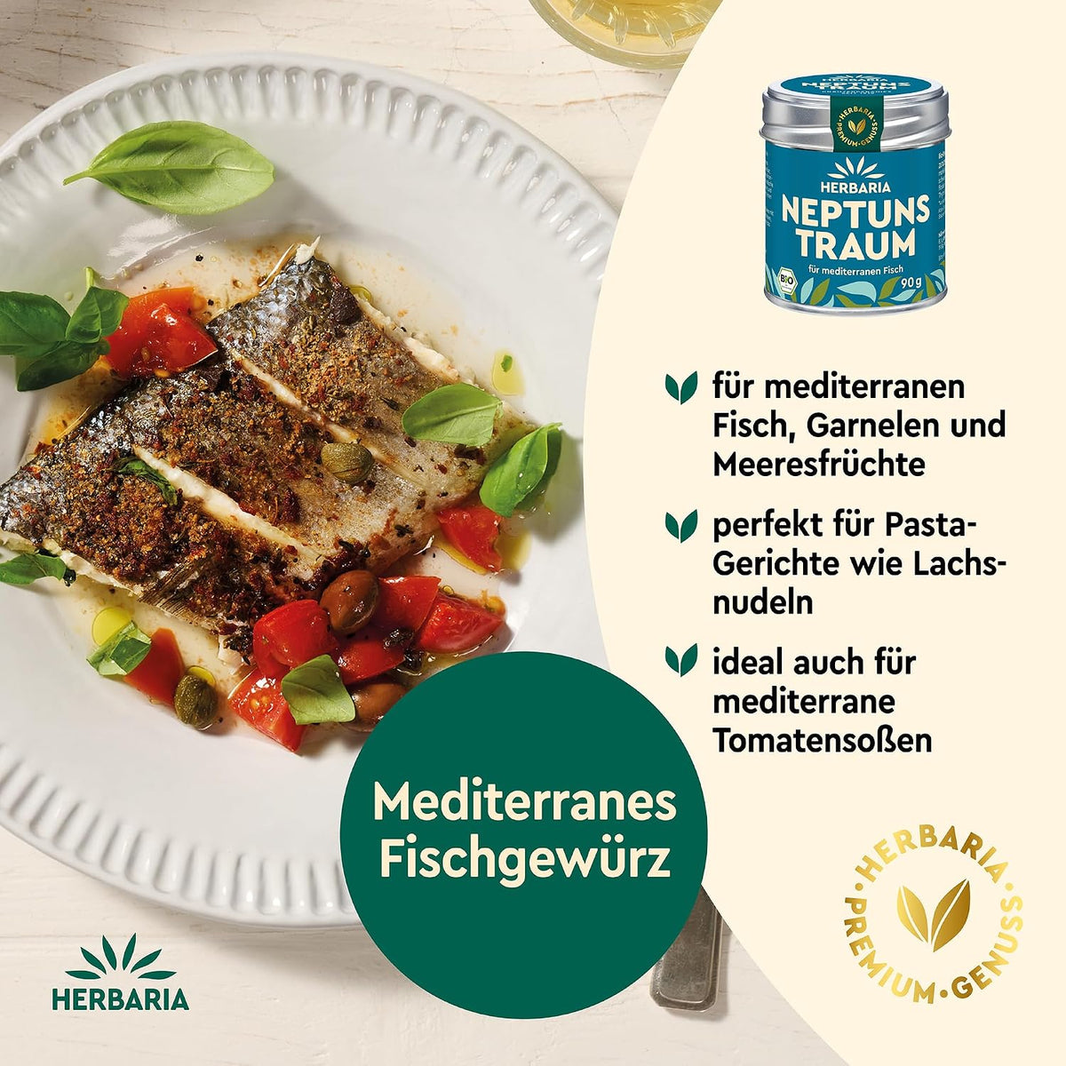 Teller mit gebratenem Fischfilet, Tomaten und Basilikum, daneben Herbaria Neptuns Traum Dose und Hinweise zur Verwendung des Fischgewürzes.