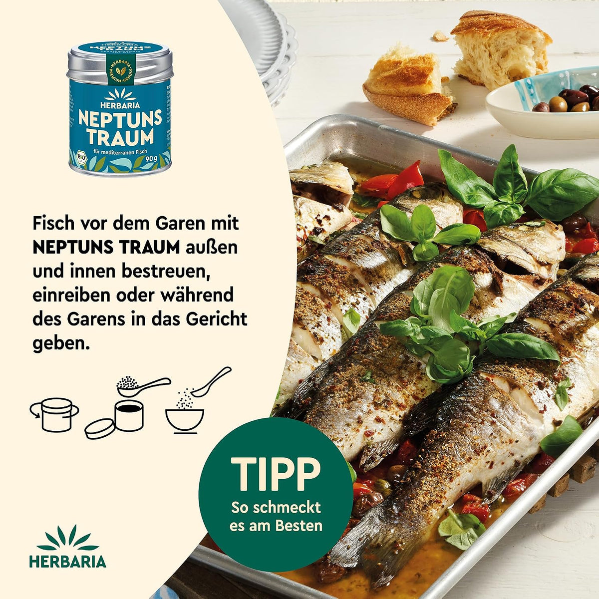 Backblech mit ganzen, gewürzten Fischen, frischen Kräutern und Gemüse, daneben Herbaria Neptuns Traum Dose und Anwendungstipp für das Gewürz.