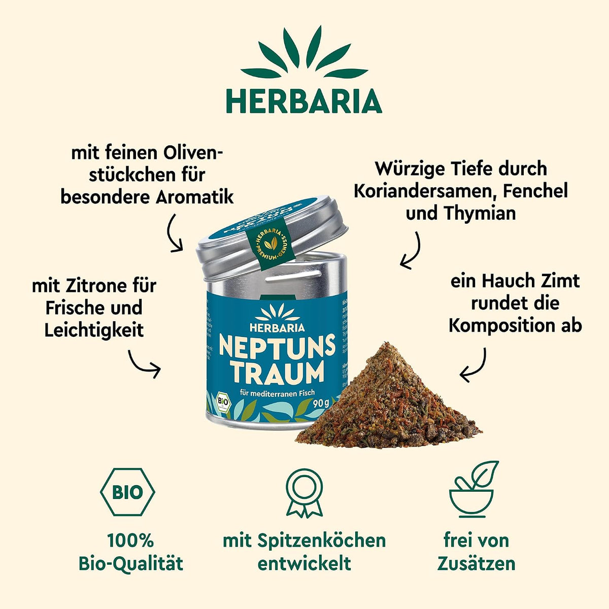 Herbaria Neptuns Traum Dose geöffnet neben einem Haufen Fischgewürz, umgeben von Zutatenhinweisen und Produktmerkmalen.
