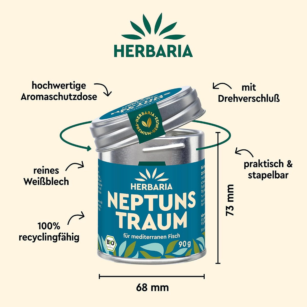 Herbaria Neptuns Traum Dose mit Maßangaben, Recycling- und Verpackungshinweisen sowie Drehverschluss-Illustration.