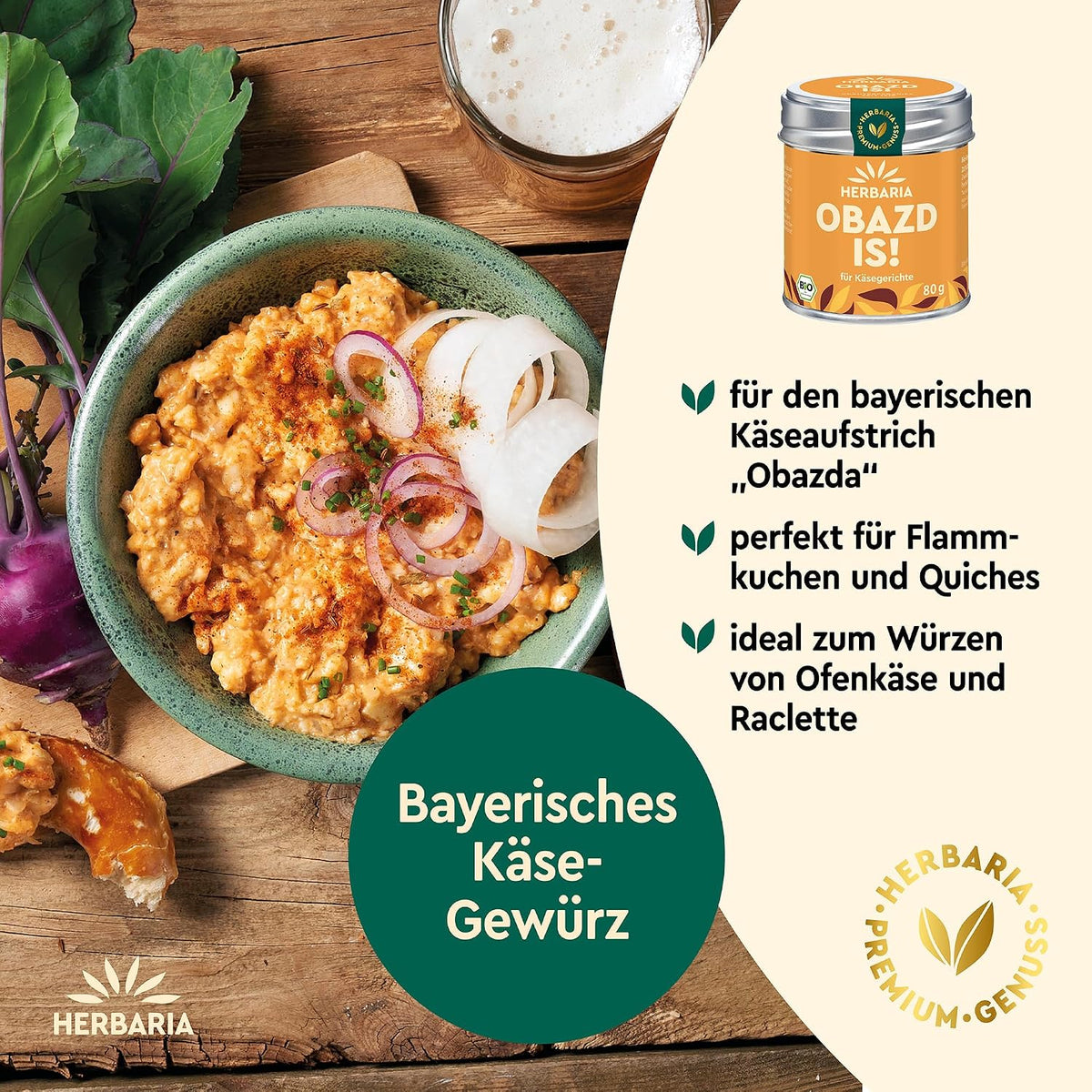 Bayerischer Käseaufstrich Obazda in einer Schale, daneben Herbaria Obazd is! Dose und Text zu Verwendungsmöglichkeiten der Gewürze.