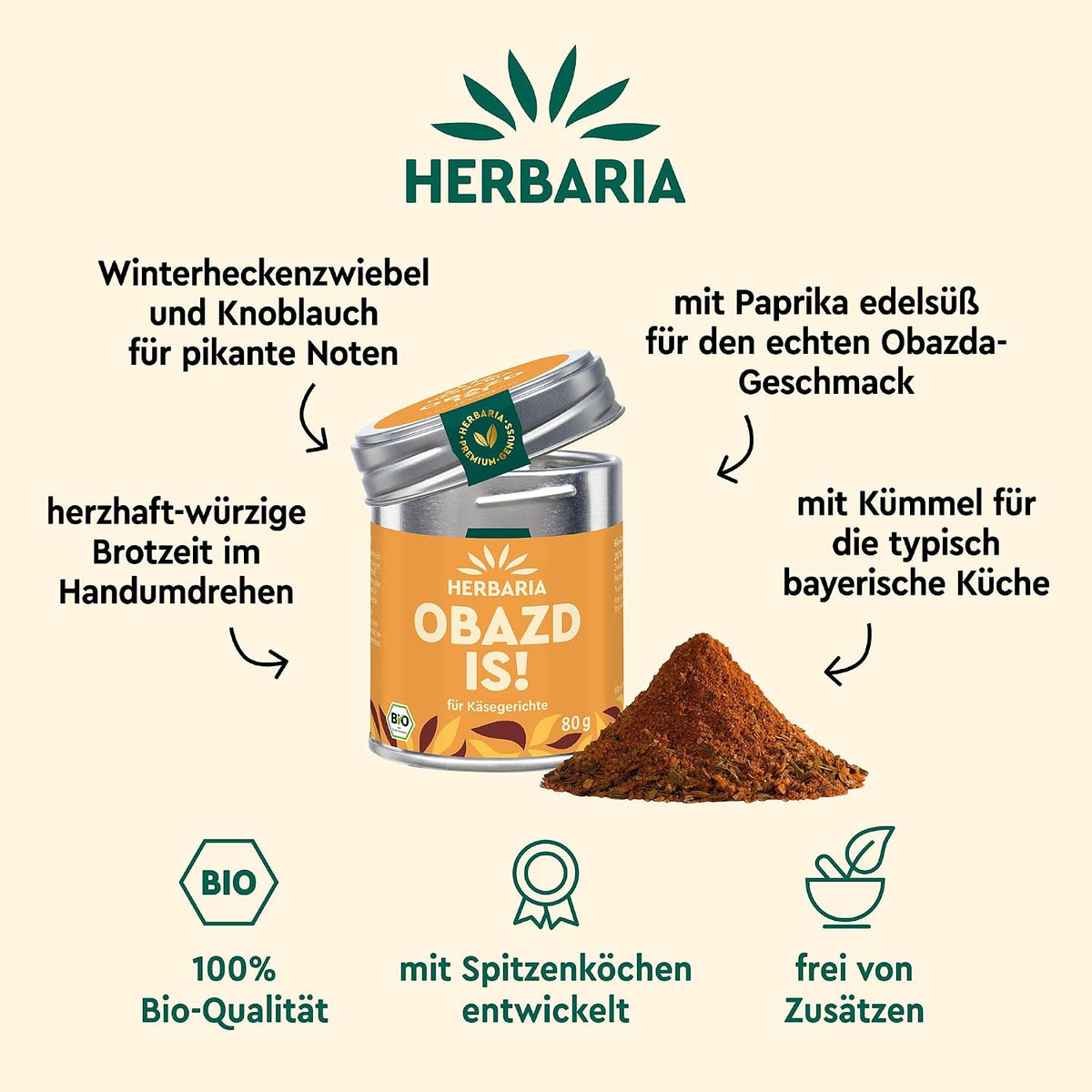 Herbaria Obazd is! Dose mit aufgeschraubtem Deckel und daneben ein Haufen der Gewürzmischung, Zutaten und Eigenschaften beschrieben.