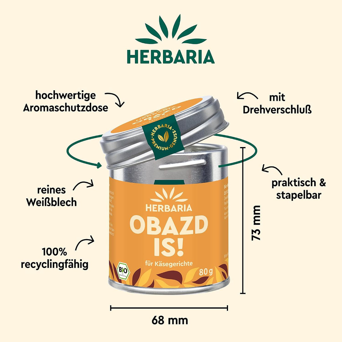 Herbaria Obazd is! Dose mit Maßangaben, Hinweisen auf Aromaschutz, Drehverschluss und Recyclingfähigkeit.