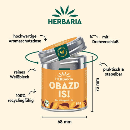 Herbaria Obazd is! Dose mit Maßangaben, Hinweisen auf Aromaschutz, Drehverschluss und Recyclingfähigkeit.