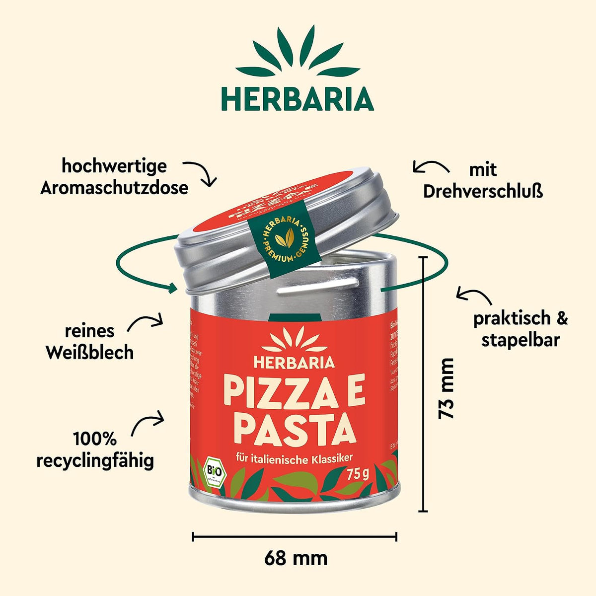 Herbaria Pizza e Pasta Dose mit geöffnetem Deckel, Maßangaben und Hinweisen zu Material und Recyclingfähigkeit der Dose.