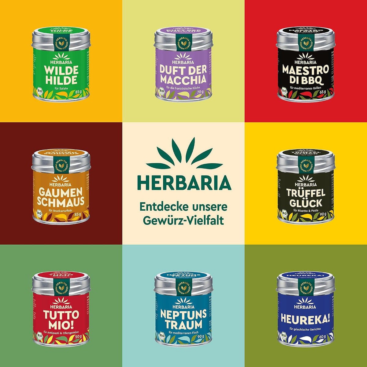 Verschiedene Herbaria Gewürz-Dosen, darunter Pizza e Pasta, auf farbigen Hintergründen als Sortiment italienische Küche präsentiert.