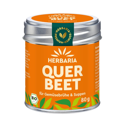 Herbaria Querbeet Gemüsebrühe in orangefarbener Aromaschutzdose mit grünem Etikett und 80 g Inhalt