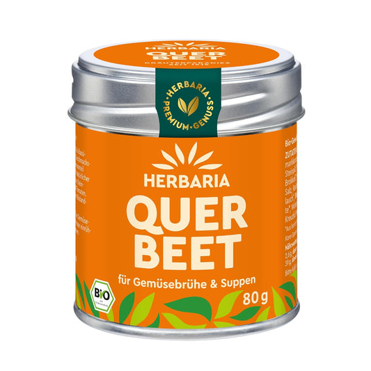 Herbaria Querbeet Gemüsebrühe in orangefarbener Aromaschutzdose mit grünem Etikett und 80 g Inhalt