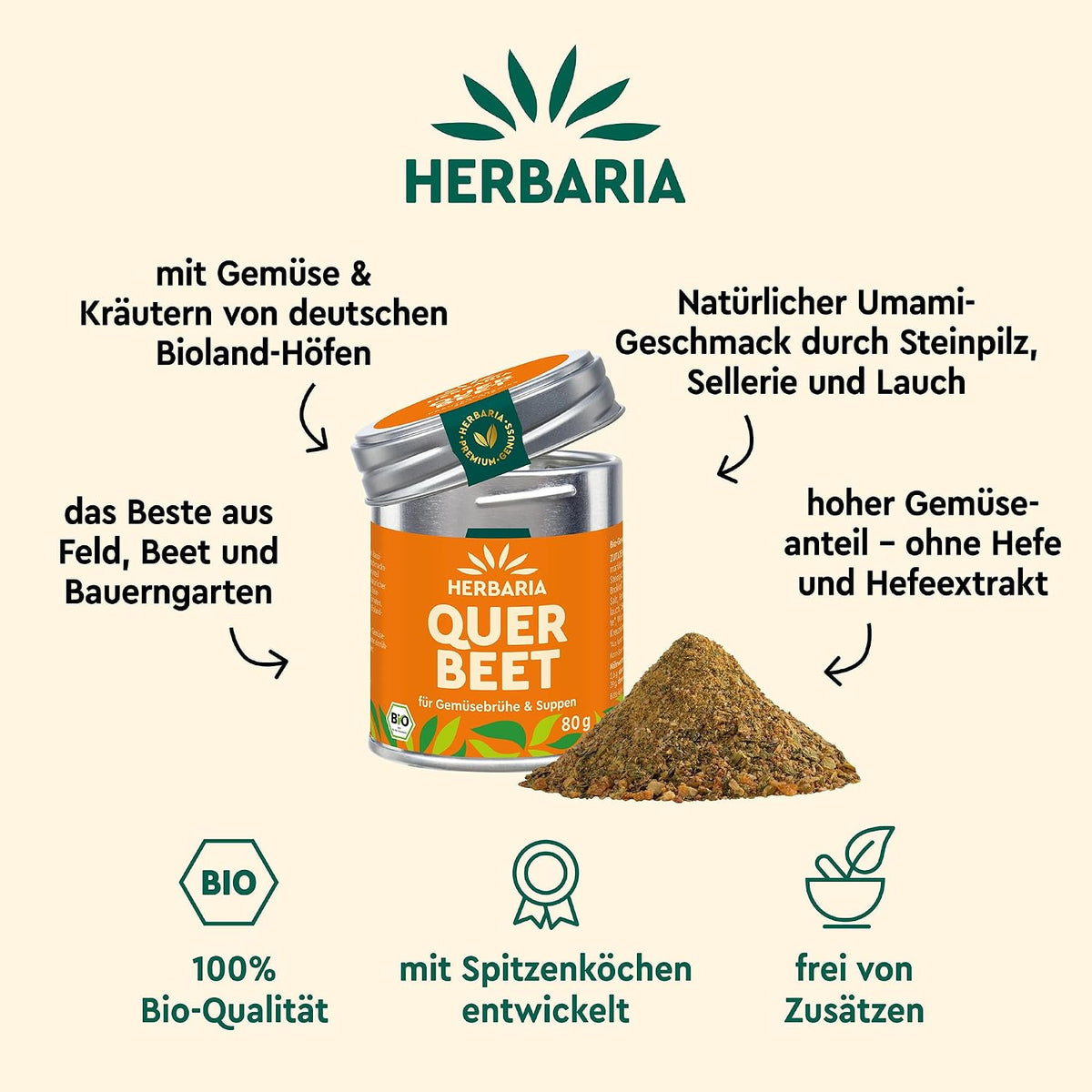 Herbaria Querbeet Gemüsebrühe-Dose mit geöffnetem Deckel und daneben liegendem Würzmittel-Pulver