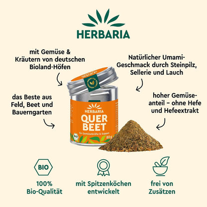 Herbaria Querbeet Gemüsebrühe-Dose mit geöffnetem Deckel und daneben liegendem Würzmittel-Pulver
