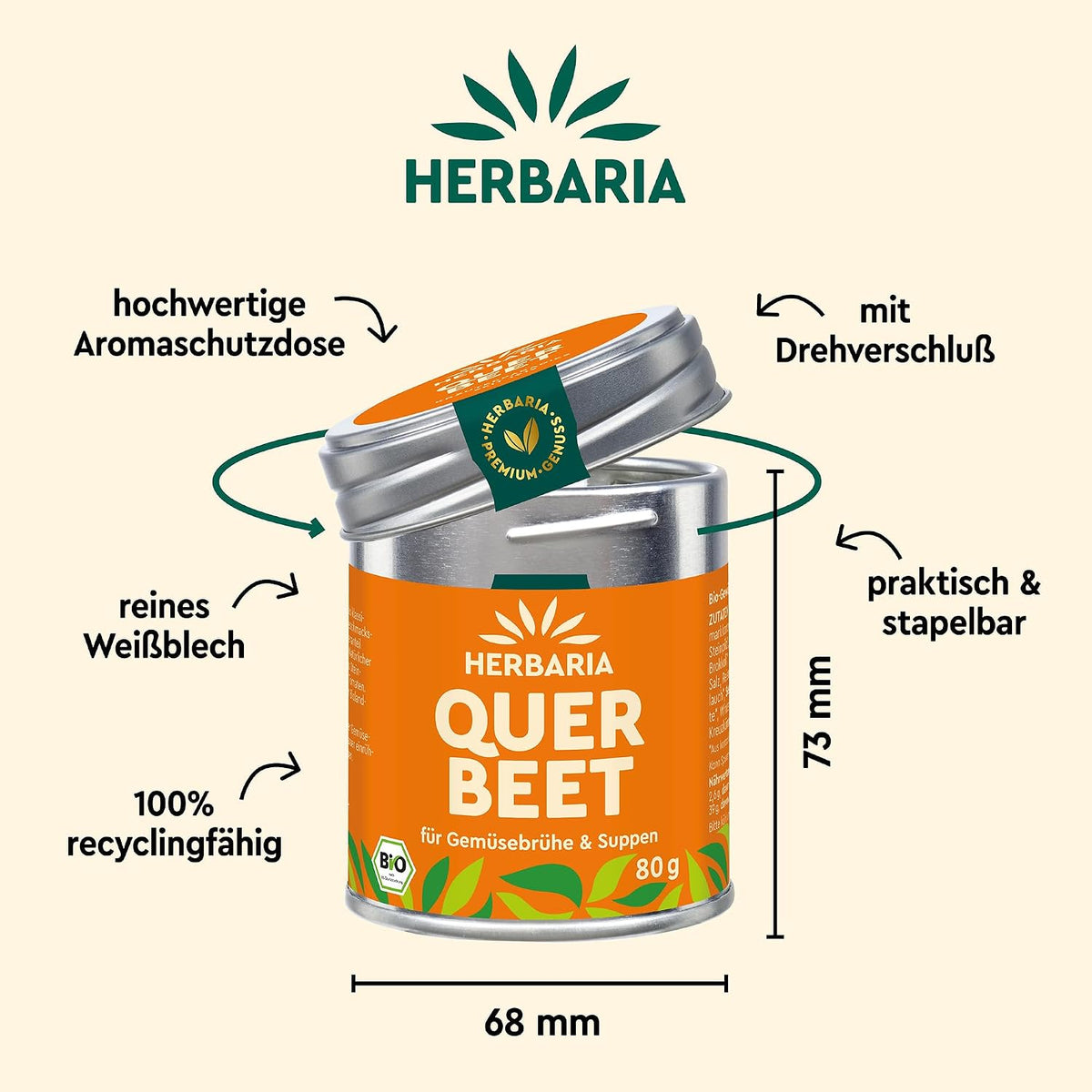 Herbaria Querbeet Gemüsebrühe-Dose mit geöffnetem Deckel, Größenangaben und Hinweisen zur Verpackung