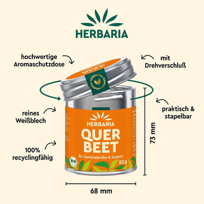 Herbaria Querbeet Gemüsebrühe-Dose mit geöffnetem Deckel, Größenangaben und Hinweisen zur Verpackung