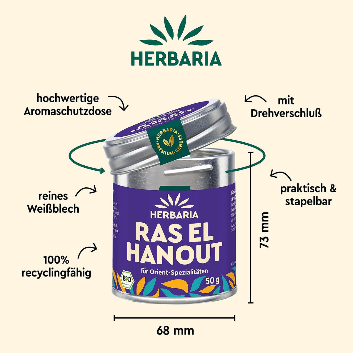 Herbaria Ras el Hanout Dose mit geöffnetem Deckel, Maßangaben und Hinweisen zur Aromaschutzdose auf hellem Hintergrund.