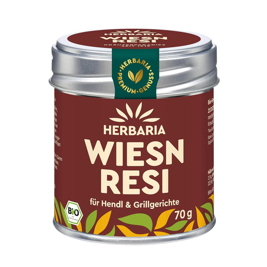 Herbaria Resi Gewürzmischung in einer runden Aromaschutzdose mit braunem Etikett und silbernem Deckel, 70g, für Brathähnchen und Grillgerichte.
