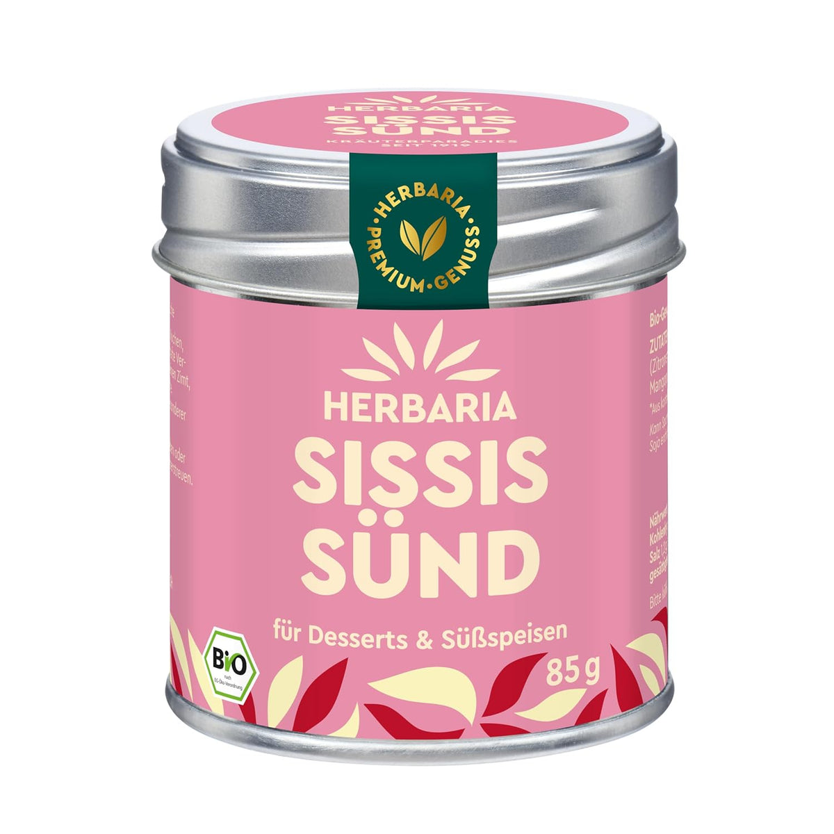 Herbaria Sissis Sünd Gewürzmischung in pinker Bio-Dose mit silbernem Deckel, Vorderseite mit Produktname und Gewicht 85 g.