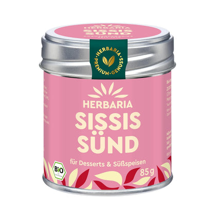 Herbaria Sissis Sünd Gewürzmischung in pinker Bio-Dose mit silbernem Deckel, Vorderseite mit Produktname und Gewicht 85 g.