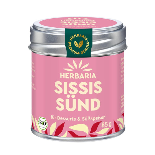 Herbaria Sissis Sünd Gewürzmischung in pinker Bio-Dose mit silbernem Deckel, Vorderseite mit Produktname und Gewicht 85 g.