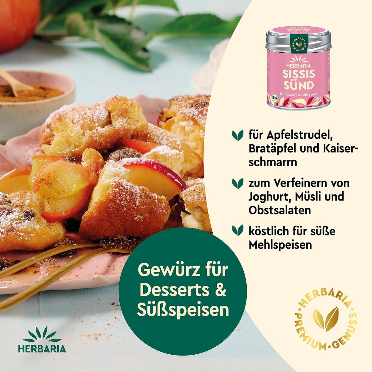 Kaiserschmarrn mit Apfelstücken auf einem Teller, daneben Herbaria Sissis Sünd Dose und Hinweise zur Verwendung für Apfelstrudel, Bratapfel und süße Speisen.