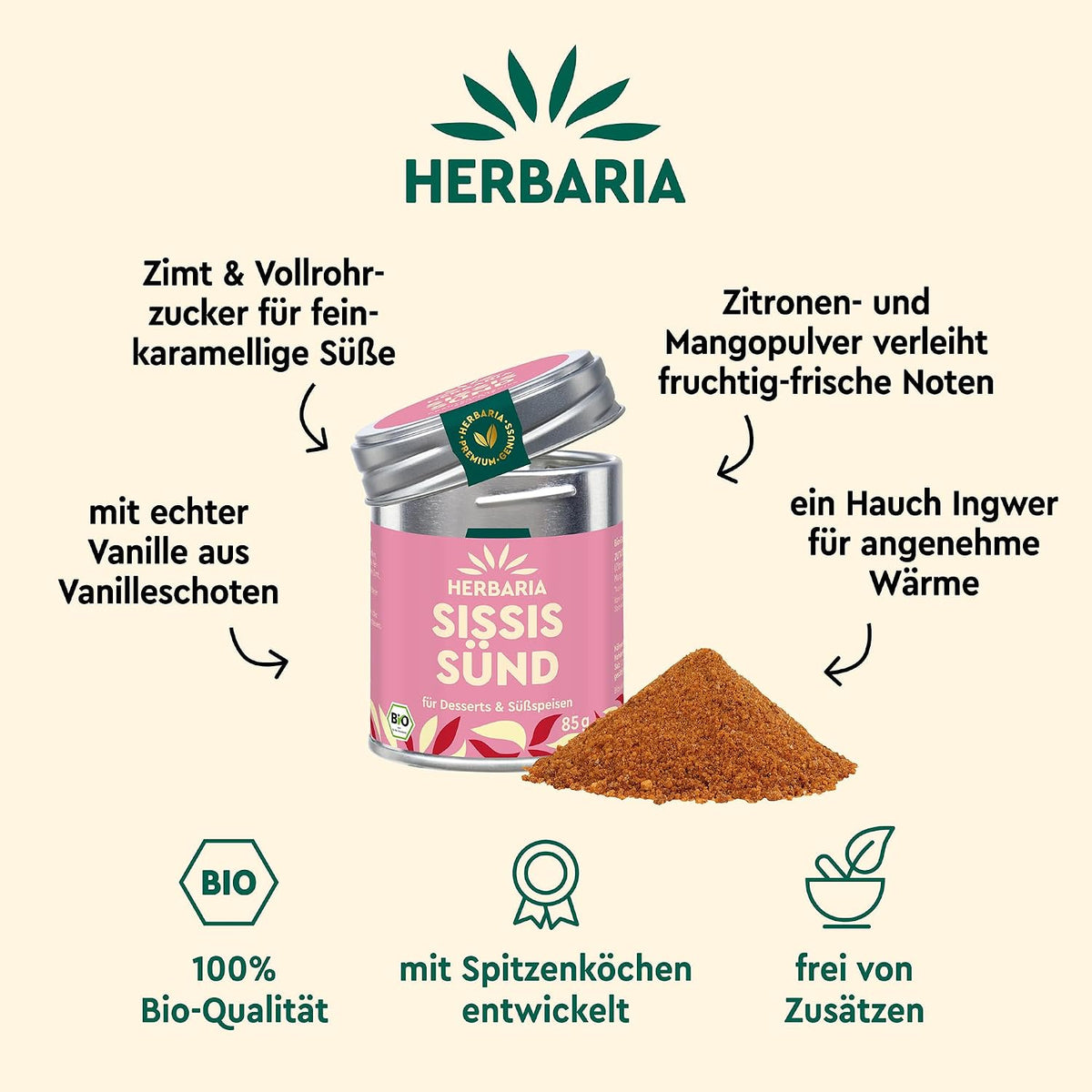 Herbaria Sissis Sünd Dose mit aufgeschütteter Gewürzmischung, umgeben von Texten zu Zutaten wie Zimt, Vanille, Ingwer und Mango.