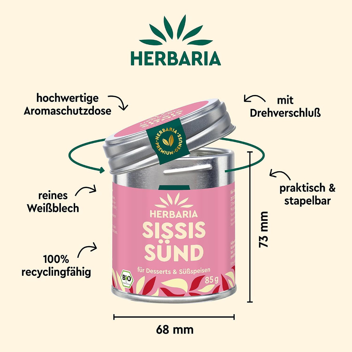 Herbaria Sissis Sünd Dose mit Maßangaben, Hinweisen auf Aromaschutz, Drehverschluss und Recyclingfähigkeit aus Weißblech.