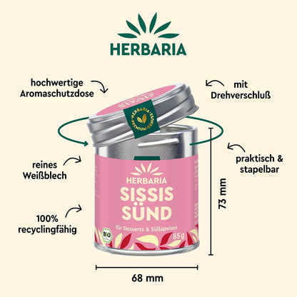Herbaria Sissis Sünd Dose mit Maßangaben, Hinweisen auf Aromaschutz, Drehverschluss und Recyclingfähigkeit aus Weißblech.