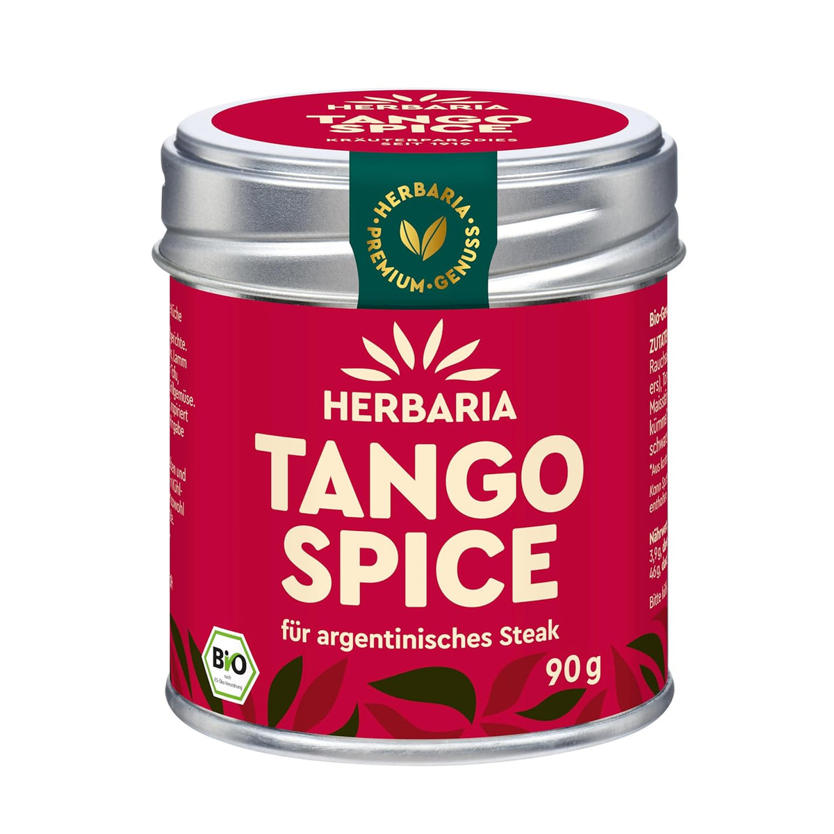 Herbaria Tango Spice Gewürzdose mit rotem Etikett und silbernem Deckel, 90 g, frontal abgebildet.