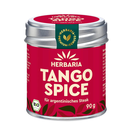 Herbaria Tango Spice Gewürzdose mit rotem Etikett und silbernem Deckel, 90 g, frontal abgebildet.